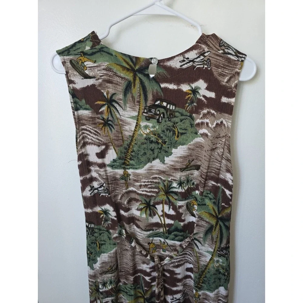 Vintage‎ Tropical Hawaiian Scenic Print Sleeveless Maxi Dress Brown Green Tan